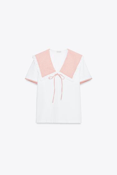 T-SHIRT BIMATIÈRE À CARREAUX VICHY - Blanc / Rouge de Zara - Image 4