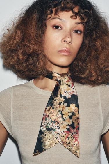 PRINTED TIE SCARF WITH FLOWERS - Brown by Zara - Image 0