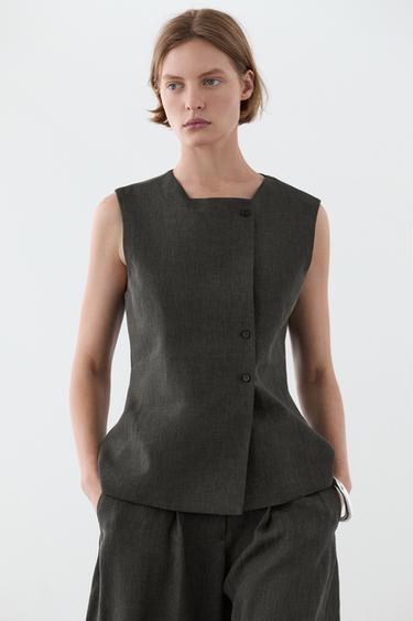Zara Melange linen double-breasted waistcoat with buttons - Green / Blue