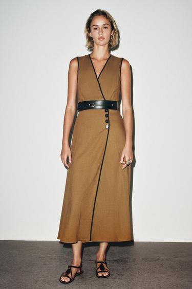 LINEN BLEND MIDI DRESS WITH BELT - Toffee by Zara - Image 6