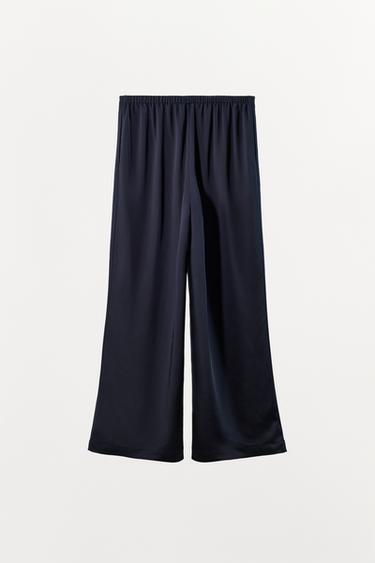 Zara HIGH-WAISTED SATIN PANTS - Blue / Navy