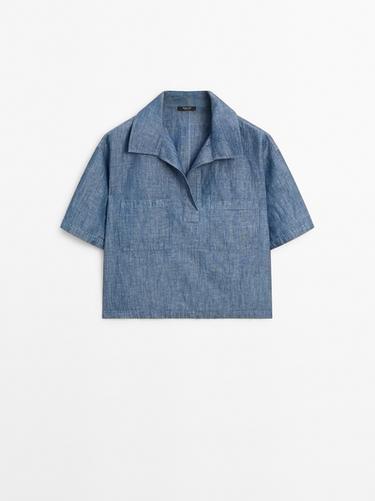 Polo manga corta algodón lino - Azul de Zara