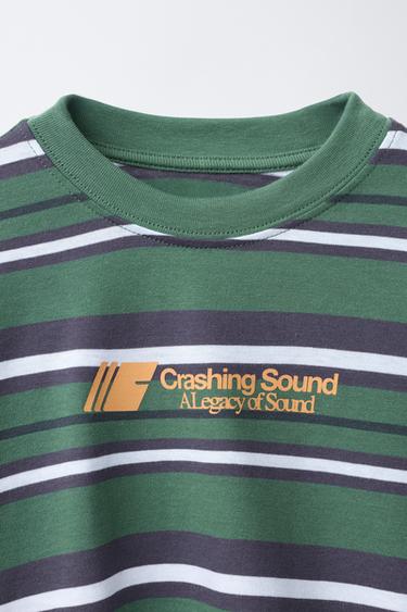 WOVEN STRIPE T-SHIRT WITH SLOGAN - GREEN by Zara - Image 2