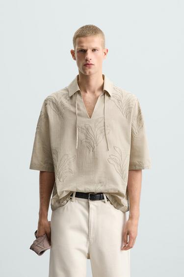 CAMISA BORDADO HOJAS - Marrón / Topo de Zara
