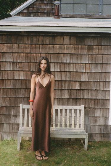 SATIN STRAPPY MIDI DRESS - Dark mink by Zara