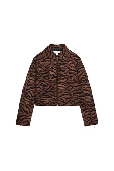 Front view of a black and brown jacket with an animal print, shirt collar, long sleeves with zips, and a front zip fastening.