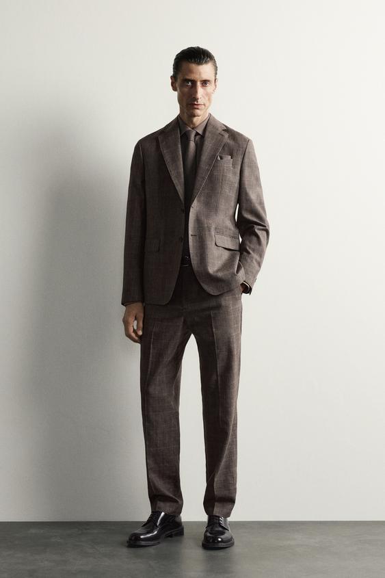 PANTALÓN TRAJE CUADROS LINO - LANA - Marrón de Zara - Imagen 0