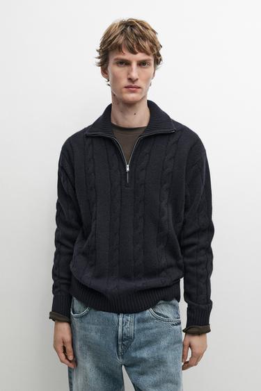Cable knit mock neck sweater — Navy blue 2