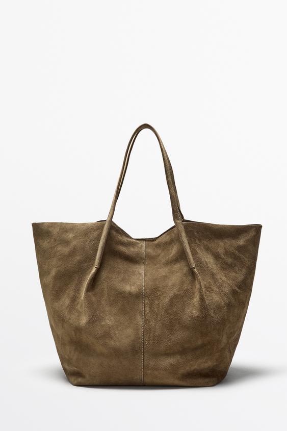 Zara Split suede leather tote bag - Sand - Image 0
