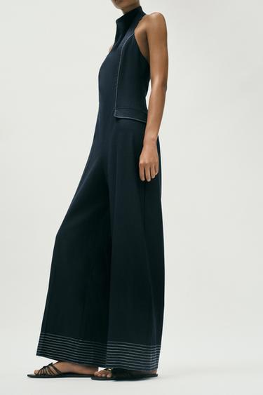 LINEN BLEND HALTER JUMPSUIT WITH CONTRAST TOPSTITCHING - Navy blue by Zara - Image 2