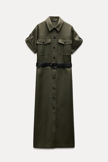 VESTIDO MIDI CINTURÓN - Khaki oscuro de Zara