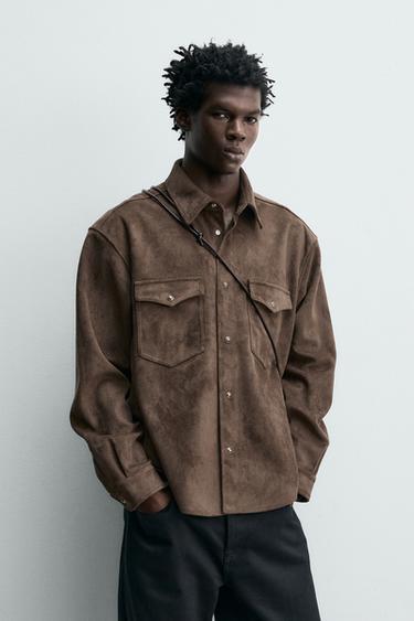 REGULAR FIT FAUX SUEDE OVERSHIRT - Brown by Zara