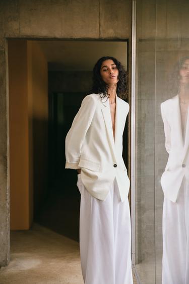 Zara LINEN BLAZER WITH PRINTED CUFFS - Oyster-white