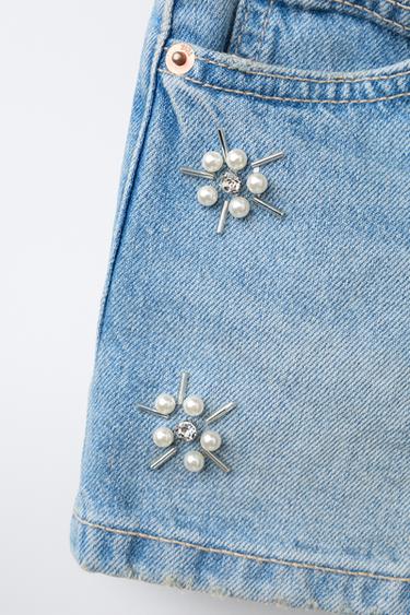 FAUX PEARL DENIM BERMUDA SHORTS - Blue by Zara - Image 4