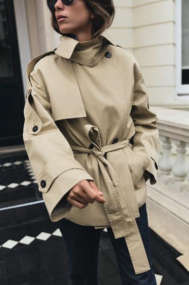 WATER-REPELLENT SHORT BELTED TRENCH COAT ZW COLLECTION — Light beige 1