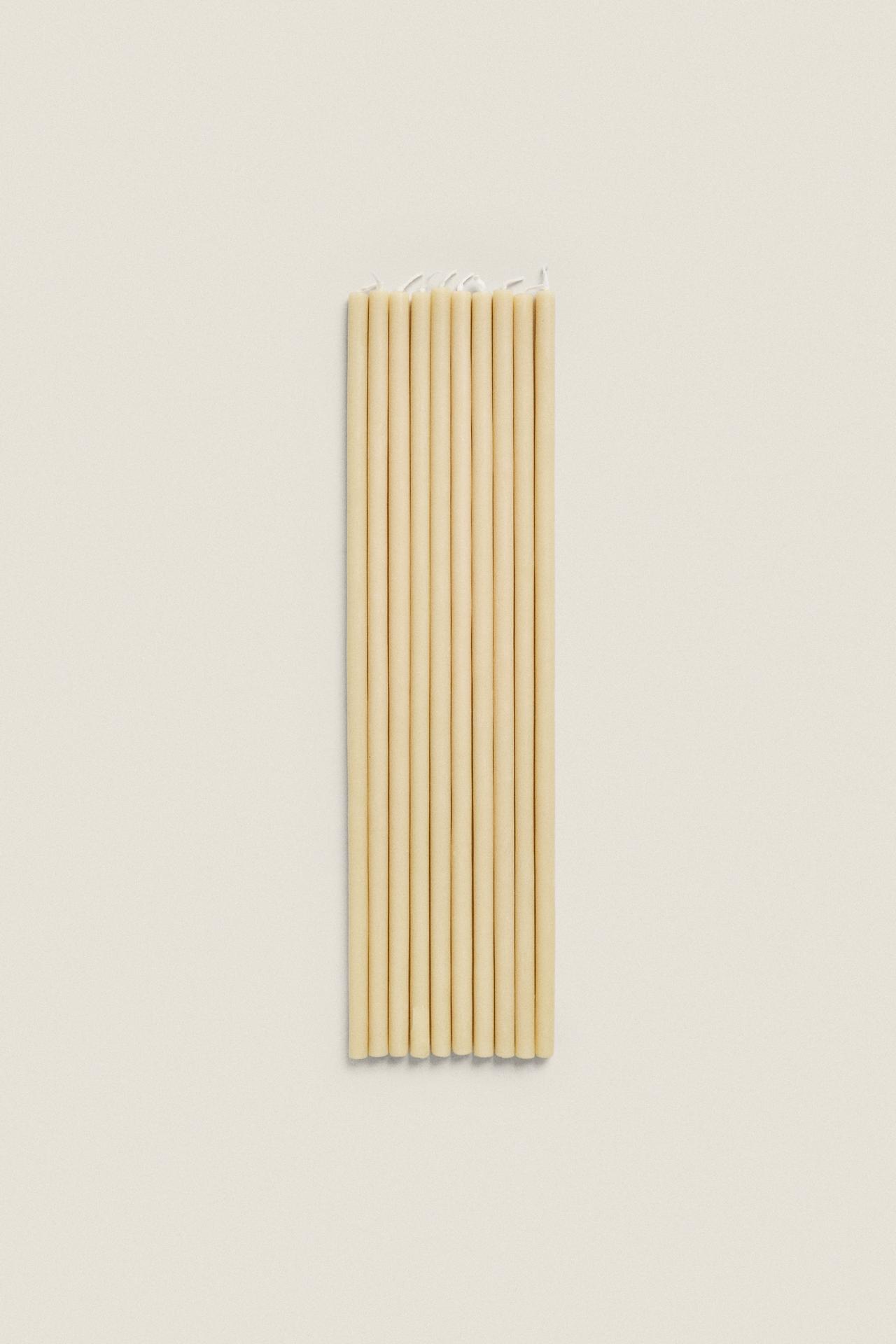 SET OF DECORATIVE CYLINDRICAL THIN TAPER CANDLES (SET OF 10) — Ecru