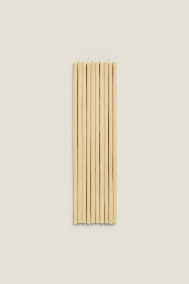 SET OF DECORATIVE CYLINDRICAL THIN TAPER CANDLES (SET OF 10) — Ecru