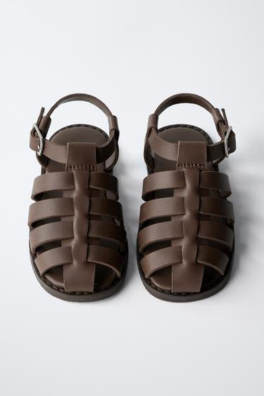 BUCKLED LEATHER CAGE SANDALS - Brown by Zara