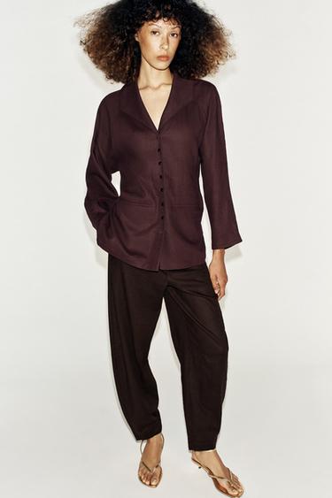 LINEN BLEND JACKET WITH BACK PLEAT - Aubergine by Zara
