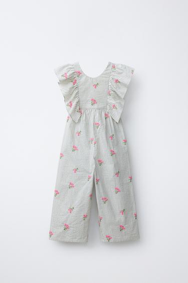 ДЛИННЫЙ КОМБИНЕЗОН В ПОЛОСКУ С ВЫШИВКОЙ — СЕРЫЙ от Zara