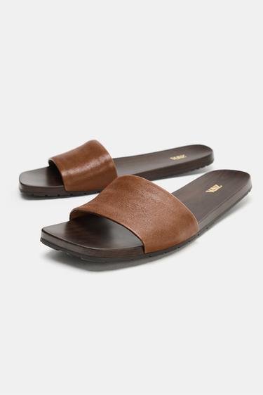 Zara SOFT LEATHER FLAT SANDALS - Brown