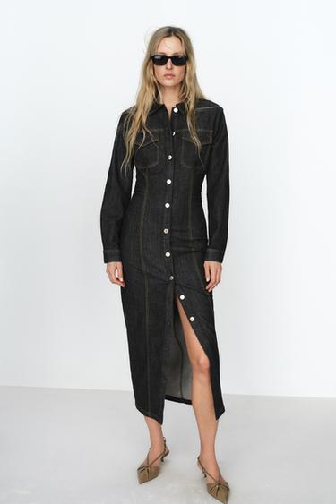 Zara DENIM MIDI DRESS - Black