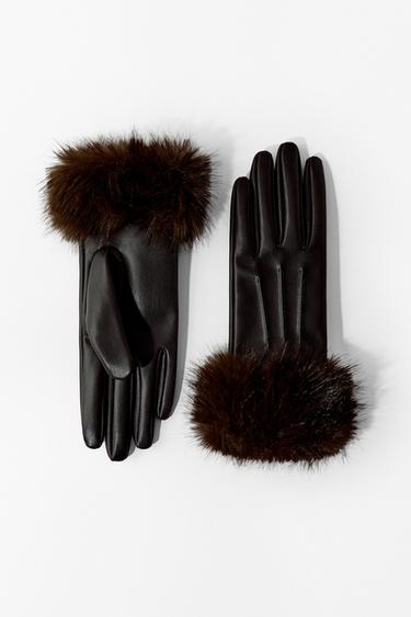 CONTRAST FAUX LEATHER GLOVES WITH FAUX FUR - Brown by Zara