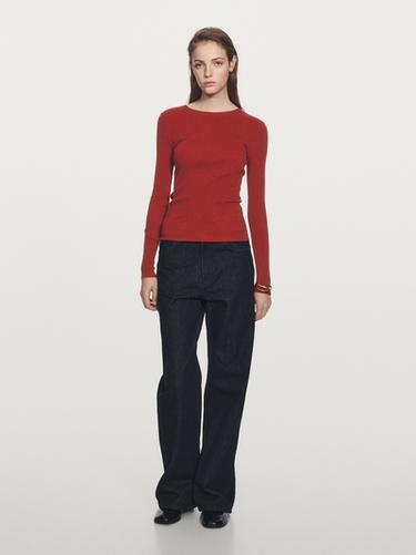 Zara Long sleeve T-shirt with ribbed detail - Mid-red