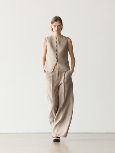 Pantalón melange detalle pliegues lino - Beige de Zara - Imagen 0
