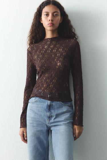 CAMISETA ENCAJE MANGA LARGA - Marrón de Zara