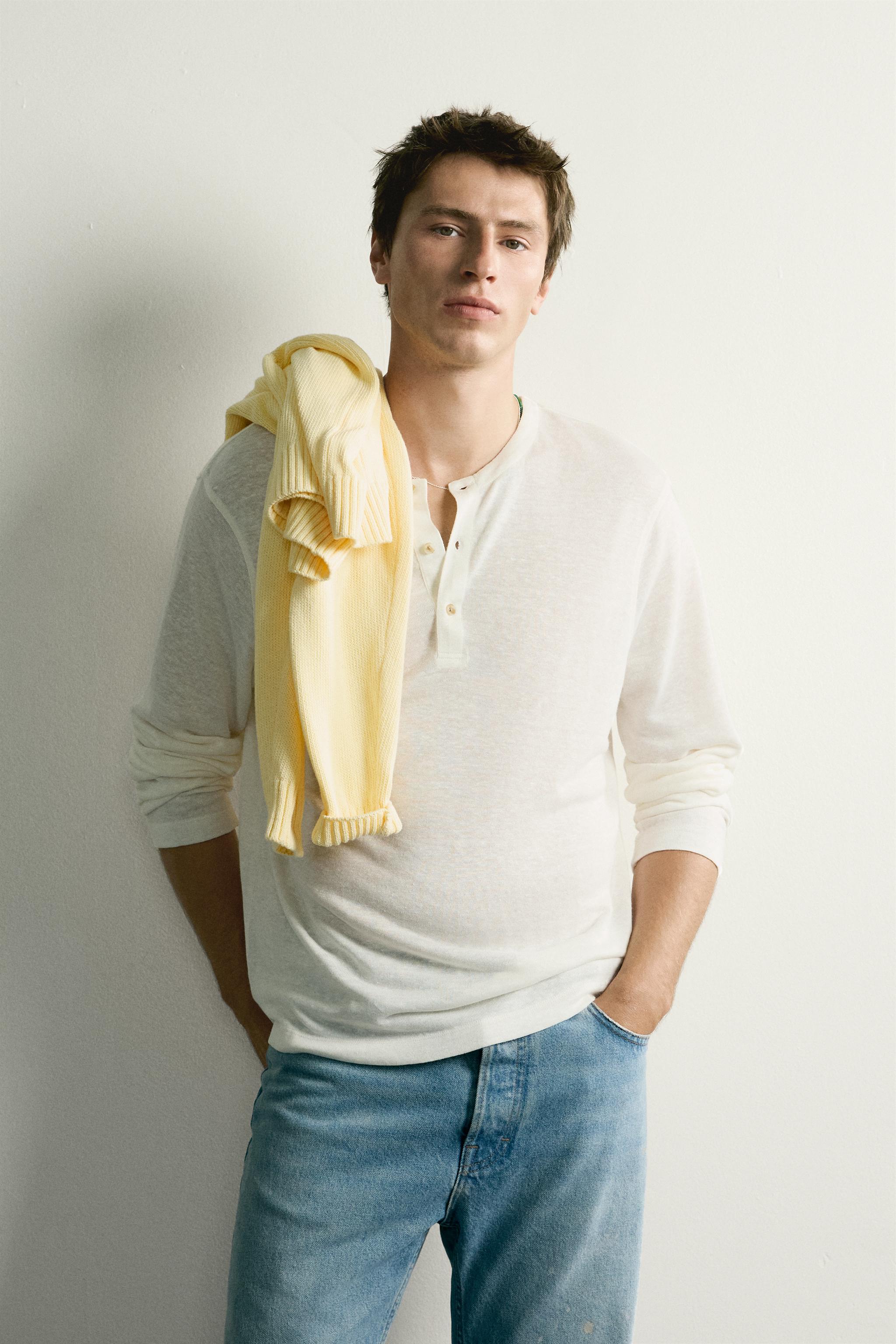 HEMP-VISCOSE HENLEY SHIRT — Oyster-white