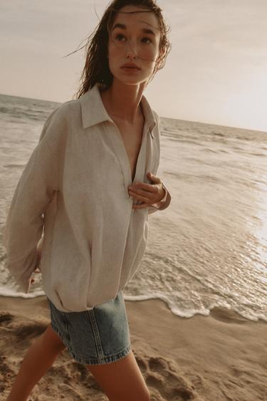 LINEN BLEND SHIRT WITH PUFF HEM - Light beige by Zara