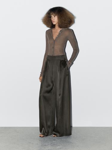 Zara Satin wide-leg trousers - STUDIO - Dark green - Image 0