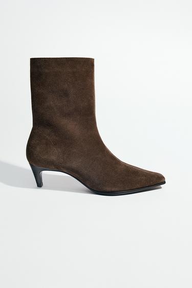 Zara SPLIT LEATHER KITTEN HEEL ANKLE BOOTS - Chocolate Brown