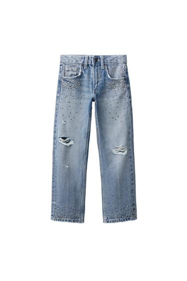 JEANS STRAIGHT ROTOS Y TACHAS - Azul de Zara