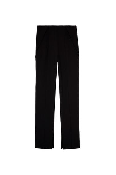 Front view of black pants with side pockets and front pleats.
