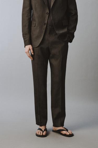Zara 100% LINEN SUIT PANTS - Dark brown