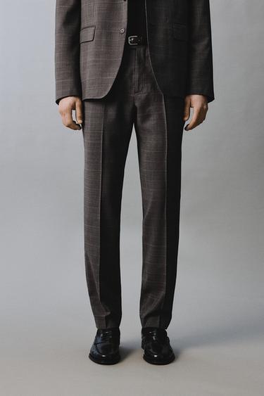 100% WOOL CHECK SUIT TROUSERS - Brown by Zara