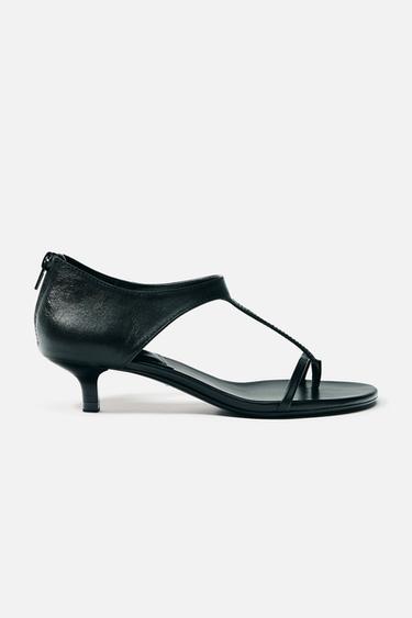 Zara LEATHER KITTEN HEEL SANDALS - Black