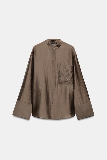 CAMISA BOLSILLO BORDADOS ZW COLLECTION - Gris topo de Zara