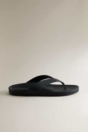 Zara LEATHER THONG SANDALS - Black - Image 0