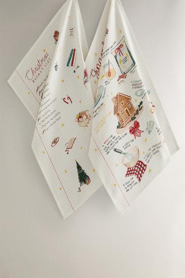 Zara COTTON TEA TOWEL WITH CHRISTMAS LIST PACK (PACK OF 2) - 紅色