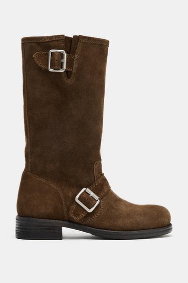 BUCKLED SPLIT SUEDE BIKER ANKLE BOOTS - Brown by Zara