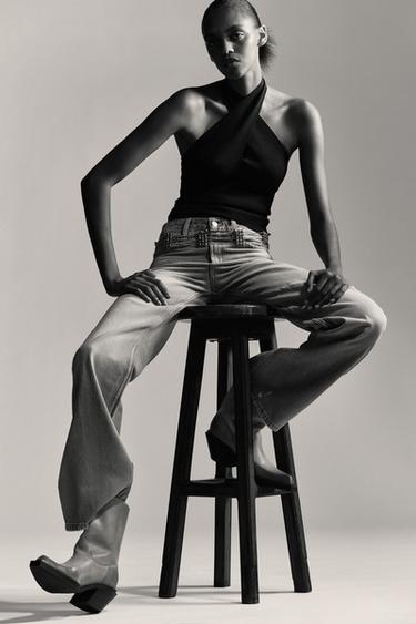 GATHERED KNIT HALTER TOP - Black by Zara