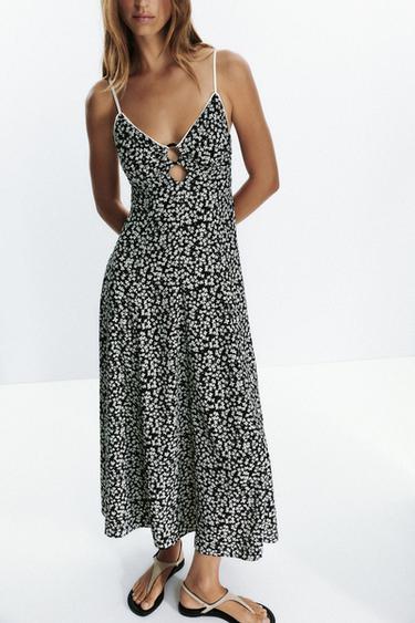 FLORAL PRINT MIDI DRESS - Black / Ecru by Zara - Image 2