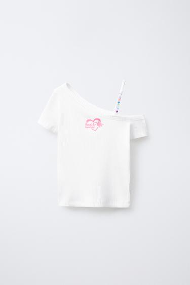 ASYMMETRIC RIBBED BEADED T-SHIRT - White by Zara