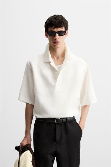 Zara 100% LINEN POLO SHIRT - White