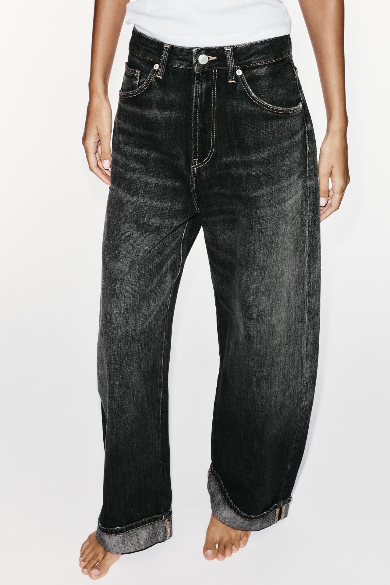 TRF BAGGY FOLDED MID-RISE DISTRESSED JEANS — Faded black