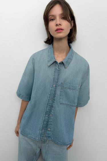 KËMISHË DENIM TRF ME MËNGË TË SHKURTRA - E kaltër nga Zara