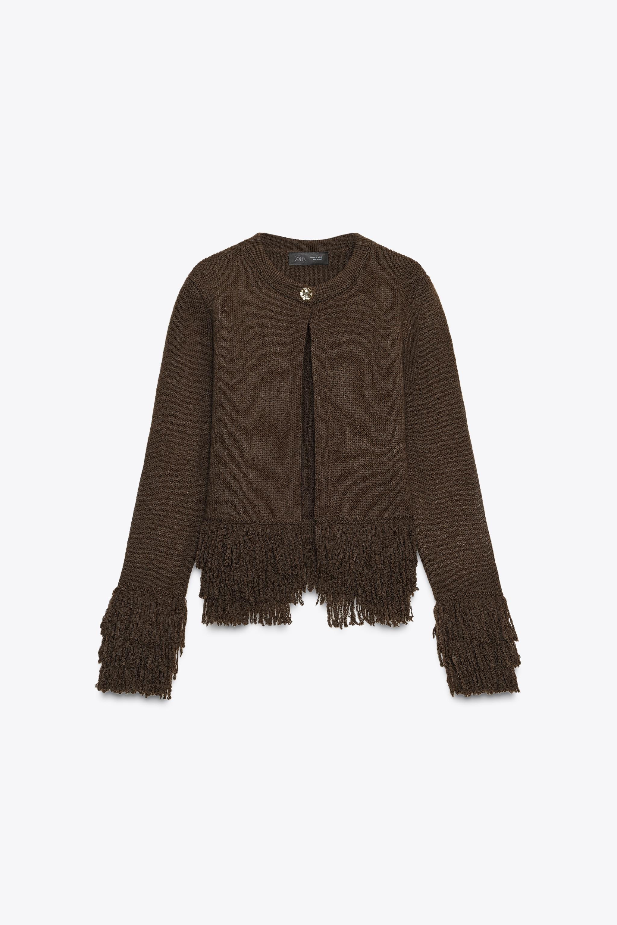 FRINGED BUTTON KNIT CARDIGAN - Brown | ZARA Canada